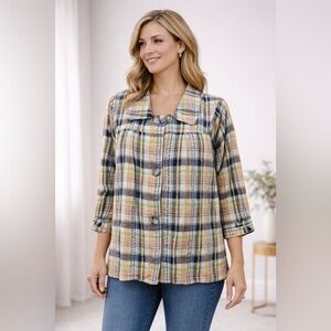 Art and Soul Plaid Swing Jacket Seersucker Cotton 1X Boho Cottagecore
